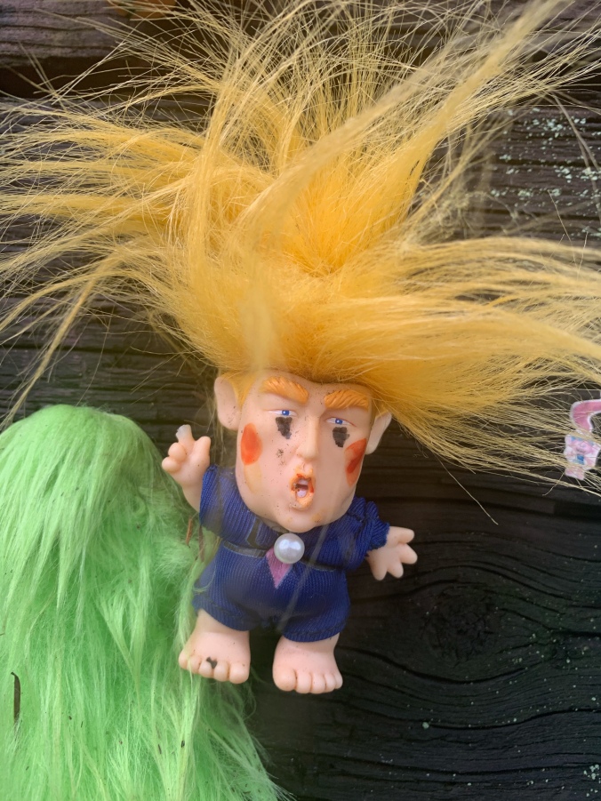 Donald trump troll toy pinned to Portland Troll Bridge